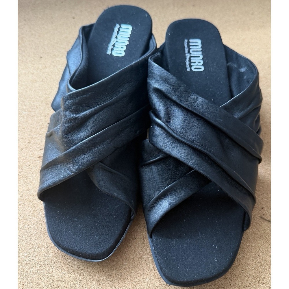 Munro Lee Slide Sandal Black Lamb Leather Crisscross‎ Women's 8.5 38.5